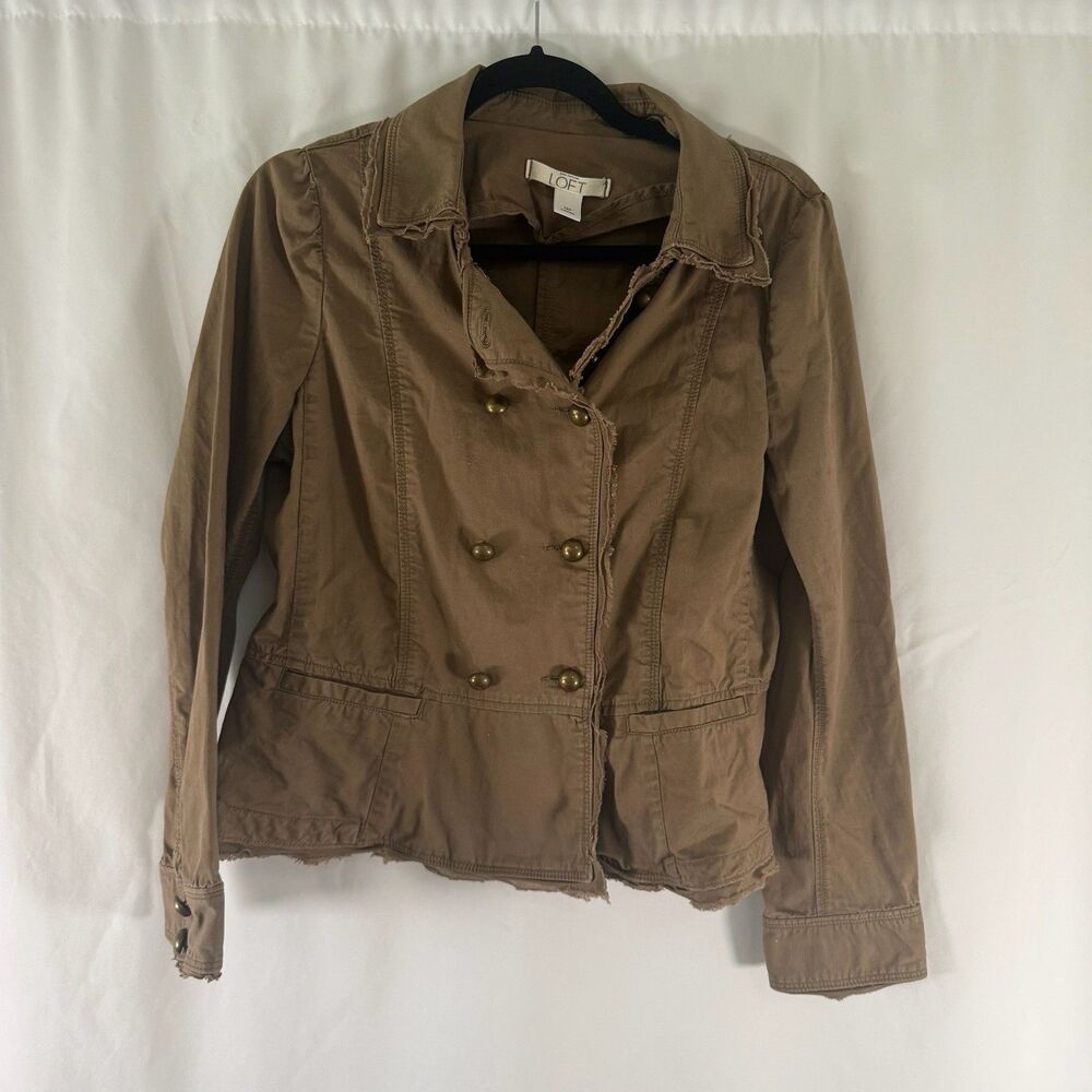 LOFT Jacket Womens 12P Petite Green Button Front Cotton Blend Long Sleeve Collar